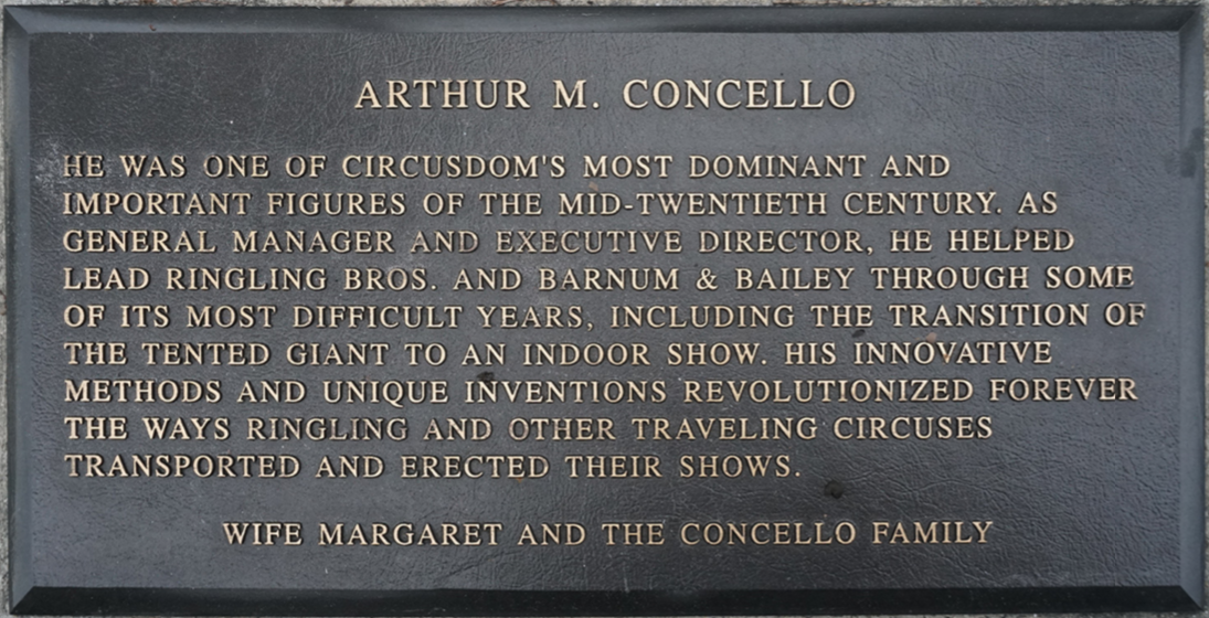 Arthur Concello Circus Ring Of Fame Foundation inductee plaque