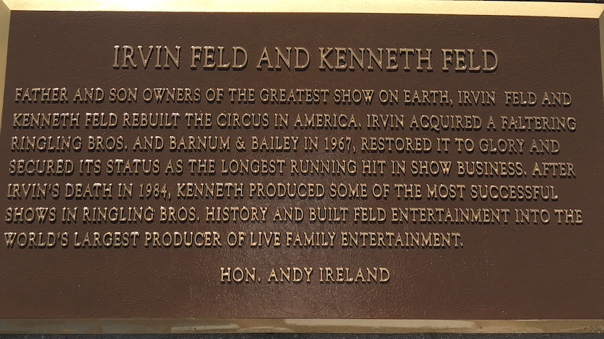 Irvin Feld and Kenneth Feld Circus Ring Of Fame Foundation inductees plaque