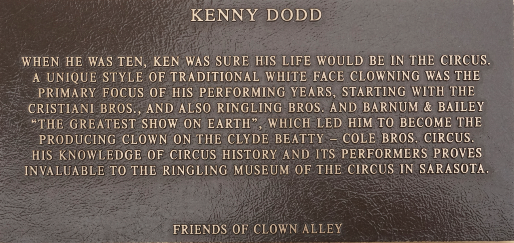 Kenny Dodd Circus Ring Of Fame Foundation inductee plaque