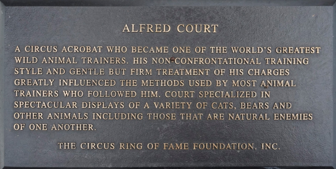 Alfred Court Circus Ring Of Fame Foundation inductee plaque