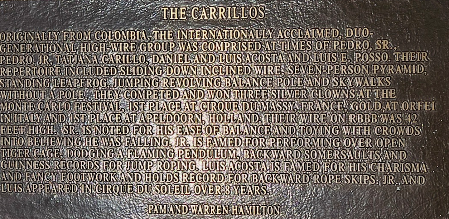Carrillo Brothers Circus Ring Of Fame Foundation inductees plaque