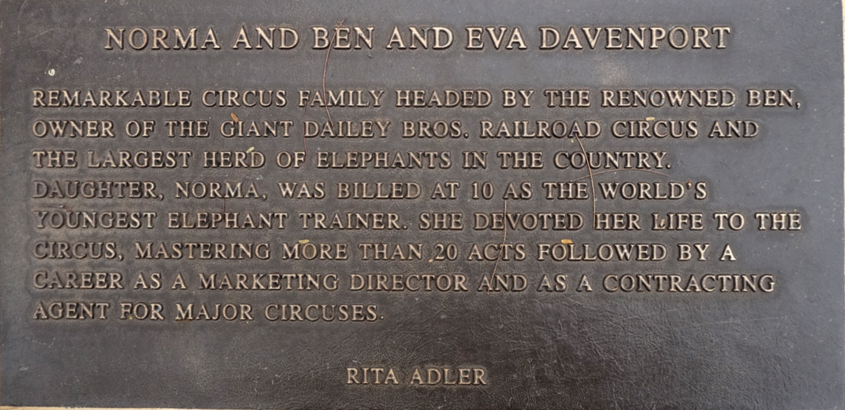 Ben Davenport Circus Ring Of Fame Foundation inductee plaque