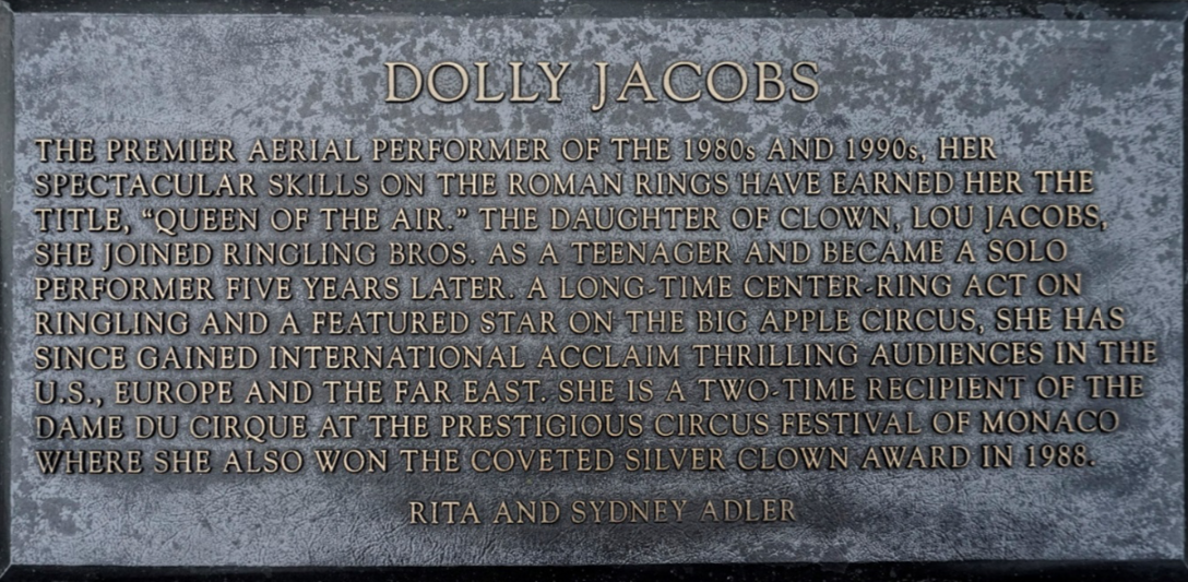 Dolly Jacobs Circus Ring Of Fame Foundation inductee plaque