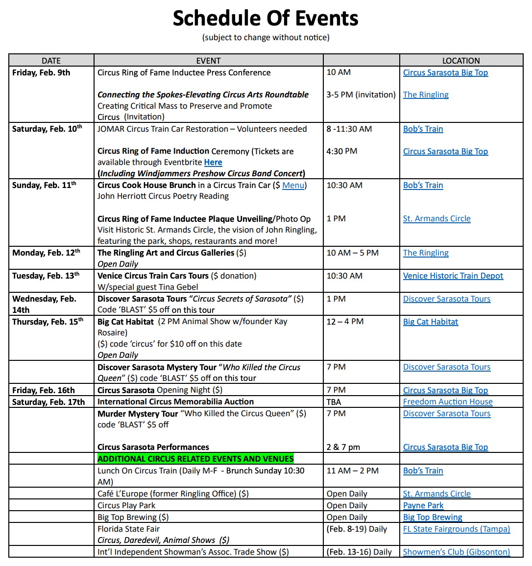 Heritage Days Schedule of Events