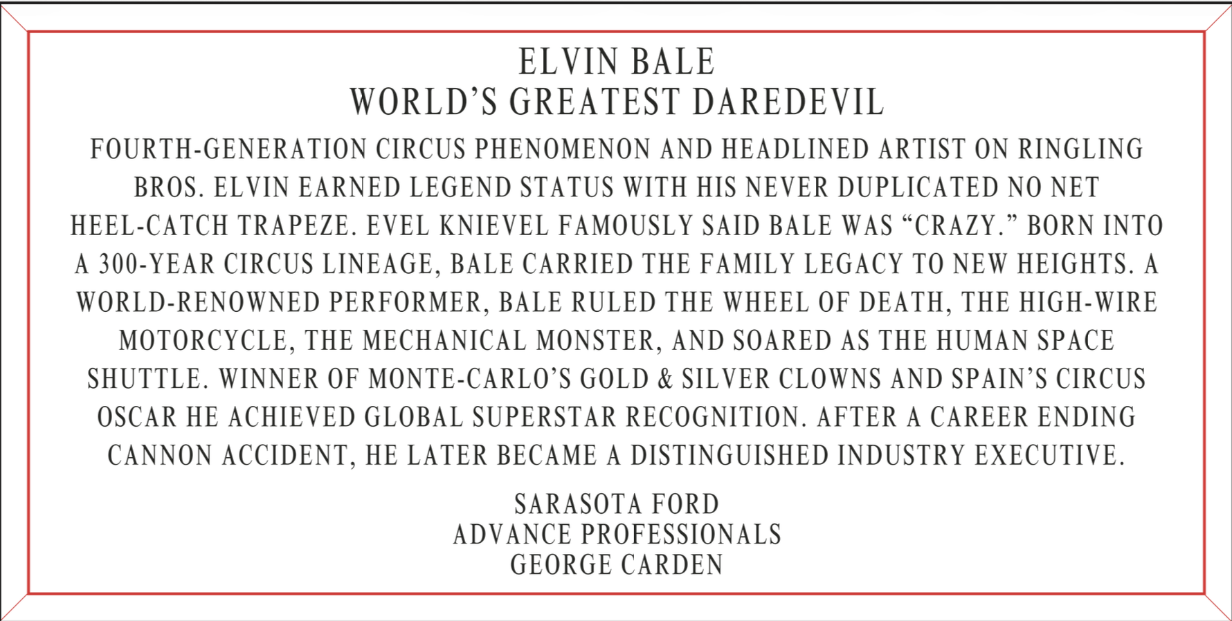 elvin bale Circus Ring Of Fame Foundation 2026 lifetime achievement inductee